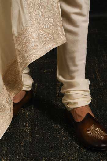 Punit Arora_Ivory Silk, Satin Sea Pearl Embroidered Sherwani Set _at_Aza_Fashions