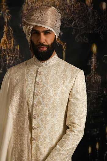 Shop_Punit Arora_Ivory Silk, Satin Sea Pearl Embroidered Sherwani Set 