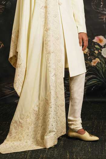 Buy_Punit Arora_Cream Silk, Satin Serenity Sherwani Set With Embroidered Dupatta _Online_at_Aza_Fashions