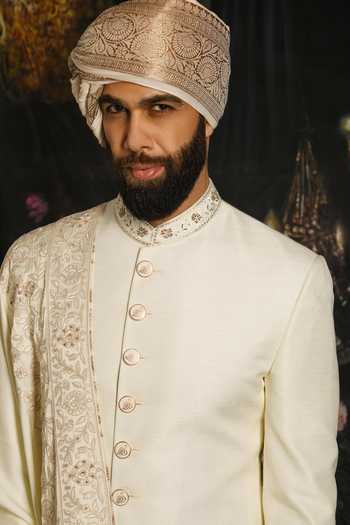 Shop_Punit Arora_Cream Silk, Satin Serenity Sherwani Set With Embroidered Dupatta _Online_at_Aza_Fashions