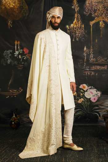 Punit Arora_Cream Silk, Satin Serenity Sherwani Set With Embroidered Dupatta _Online_at_Aza_Fashions