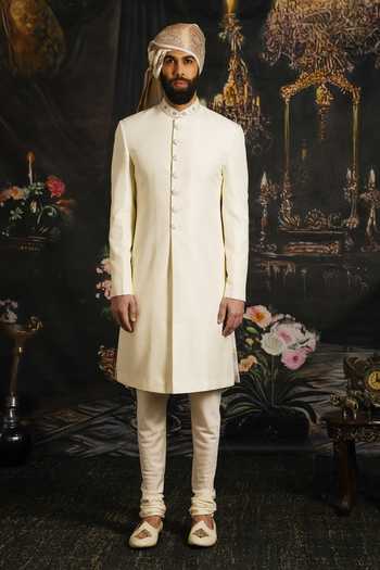 Buy_Punit Arora_Cream Silk, Satin Serenity Sherwani Set With Embroidered Dupatta 
