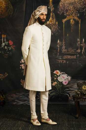 Shop_Punit Arora_Cream Silk, Satin Serenity Sherwani Set With Embroidered Dupatta 