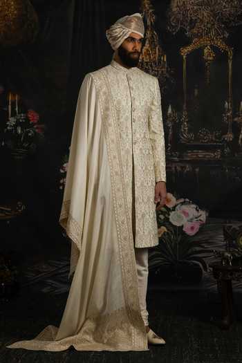 Punit Arora_Ivory Silk, Satin Opal Elegance Thread Hand Embroidered Sherwani Set _Online_at_Aza_Fashions