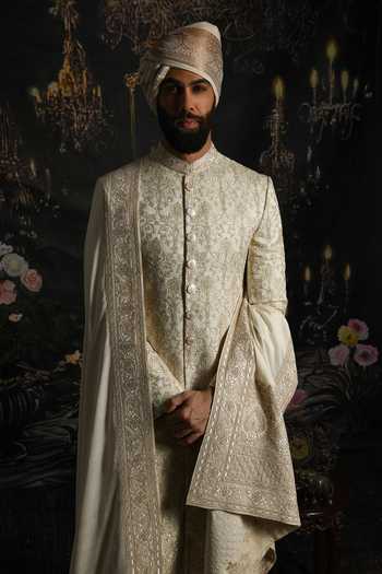 Buy_Punit Arora_Ivory Silk, Satin Opal Elegance Thread Hand Embroidered Sherwani Set _Online_at_Aza_Fashions
