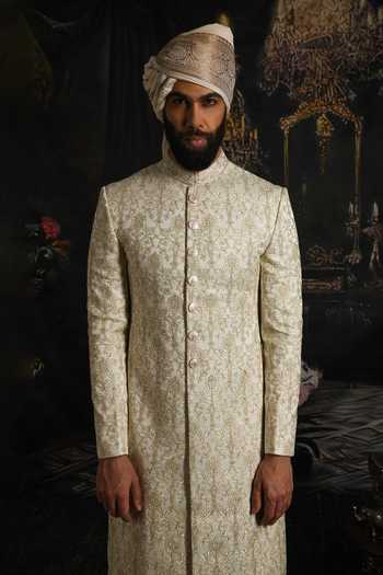 Shop_Punit Arora_Ivory Silk, Satin Opal Elegance Thread Hand Embroidered Sherwani Set _Online_at_Aza_Fashions