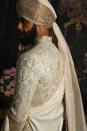 Punit Arora_Ivory Silk, Satin Opal Elegance Thread Hand Embroidered Sherwani Set _at_Aza_Fashions