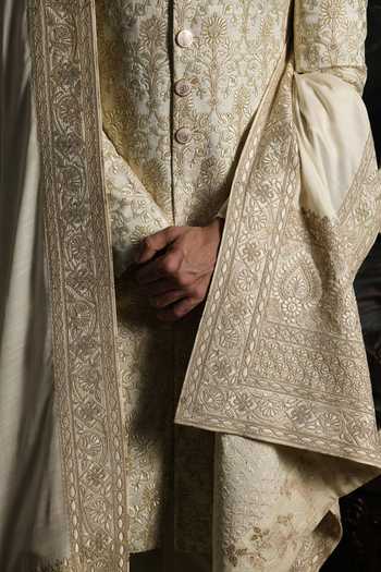 Buy_Punit Arora_Ivory Silk, Satin Opal Elegance Thread Hand Embroidered Sherwani Set 