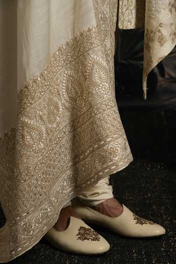Shop_Punit Arora_Ivory Silk, Satin Opal Elegance Thread Hand Embroidered Sherwani Set 