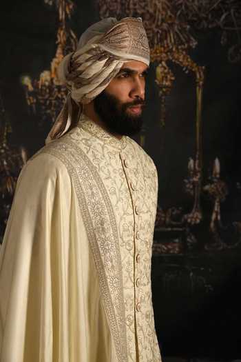 Buy_Punit Arora_Cream Silk, Satin Embroidered Sherwani Set _Online_at_Aza_Fashions