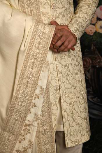 Shop_Punit Arora_Cream Silk, Satin Embroidered Sherwani Set _Online_at_Aza_Fashions