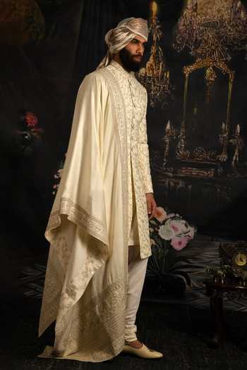 Punit Arora_Cream Silk, Satin Embroidered Sherwani Set _Online_at_Aza_Fashions