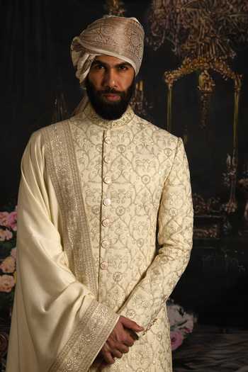 Punit Arora_Cream Silk, Satin Embroidered Sherwani Set _at_Aza_Fashions