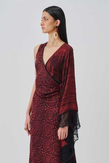 Aroka_Black Satin, Chiffon, Modal V-neck, Asymmetric Rhea Ajrakh Print Dress _Online_at_Aza_Fashions