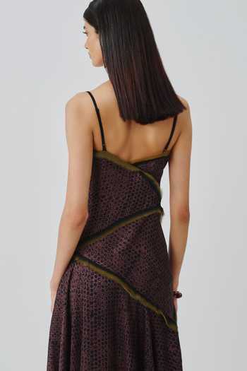 Aroka_Multi Color Satin, Chiffon, Modal V-neck Wildflower Ajrakh Print Dress _Online_at_Aza_Fashions