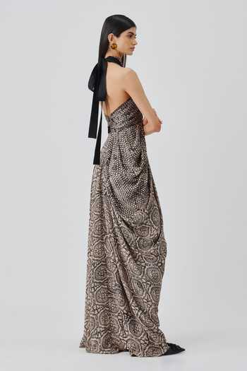 Aroka_Black Satin, Modal Halter Neck Aveline Gown _Online_at_Aza_Fashions