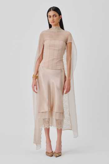 Aroka_Cream Crepe, Chiffon, Bandeau Neck Soft Veil Corset Top _Online_at_Aza_Fashions