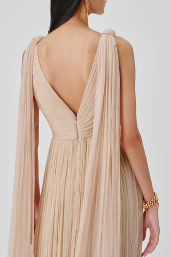 Aroka_Cream Satin, Chiffon, Modal Cowl Neck Athena Ruched Gown _Online_at_Aza_Fashions