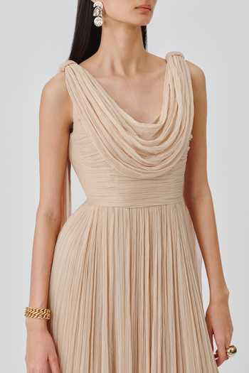 Buy_Aroka_Cream Satin, Chiffon, Modal Cowl Neck Athena Ruched Gown _Online_at_Aza_Fashions