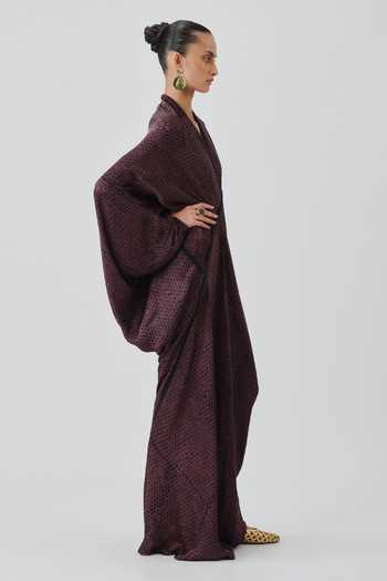 Aroka_Black Satin, Modal Shawl Neck Amaya Hand Block Print Kaftan _Online_at_Aza_Fashions