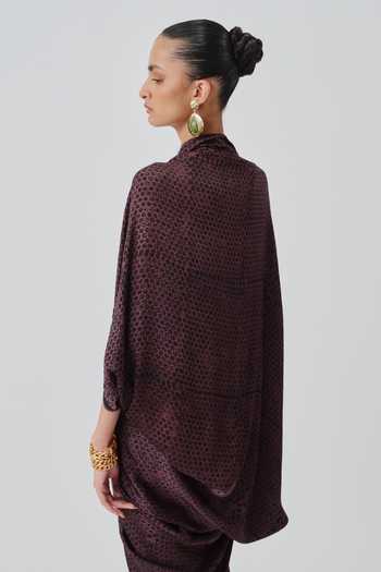 Buy_Aroka_Black Satin, Modal Shawl Neck Amaya Hand Block Print Kaftan _Online_at_Aza_Fashions