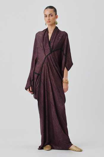 Shop_Aroka_Black Satin, Modal Shawl Neck Amaya Hand Block Print Kaftan _Online_at_Aza_Fashions