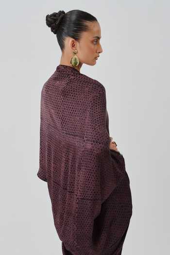 Aroka_Black Satin, Modal Shawl Neck Amaya Hand Block Print Kaftan _at_Aza_Fashions