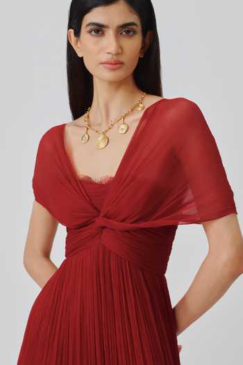 Aroka_Red Satin, Chiffon, Modal V-neck Scarlet Muse Ruched Dress _Online_at_Aza_Fashions