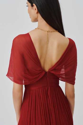 Buy_Aroka_Red Satin, Chiffon, Modal V-neck Scarlet Muse Ruched Dress _Online_at_Aza_Fashions