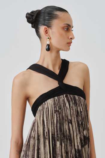 Shop_Aroka_Black Muslin Halter Neck Hand Block Print Dress _Online_at_Aza_Fashions
