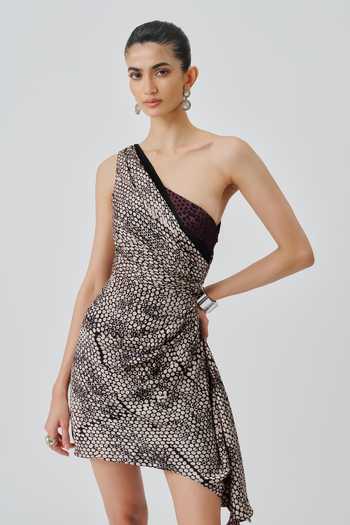 Aroka_Black Satin, Modal One Shoulder Odette Short Printed Dress _Online_at_Aza_Fashions