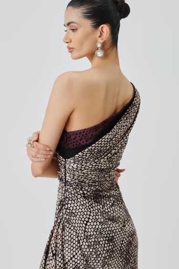 Buy_Aroka_Black Satin, Modal One Shoulder Odette Short Printed Dress _Online_at_Aza_Fashions