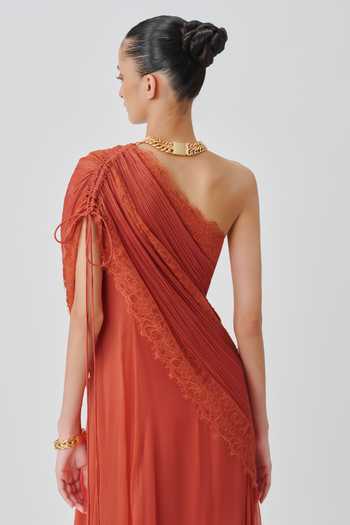 Aroka_Orange Satin, Chiffon, Modal One Shoulder Ira Ruched Dress _Online_at_Aza_Fashions