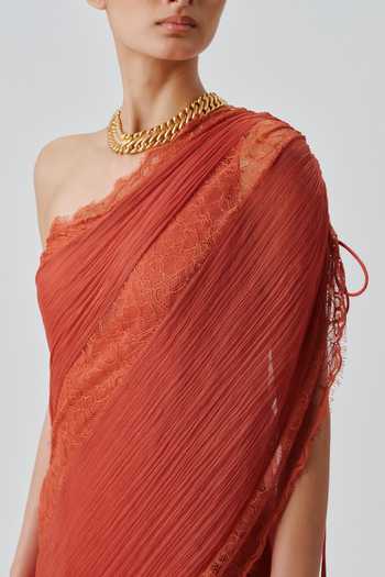 Buy_Aroka_Orange Satin, Chiffon, Modal One Shoulder Ira Ruched Dress _Online_at_Aza_Fashions