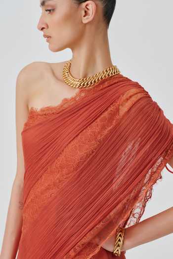 Shop_Aroka_Orange Satin, Chiffon, Modal One Shoulder Ira Ruched Dress _Online_at_Aza_Fashions