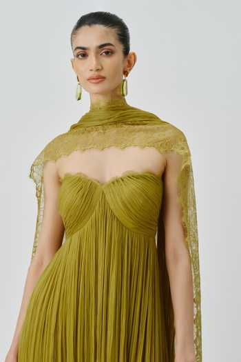 Aroka_Green Satin, Chiffon, Modal Lace Sweetheart Chartreuse Ruched Dress With Scarf _Online_at_Aza_Fashions
