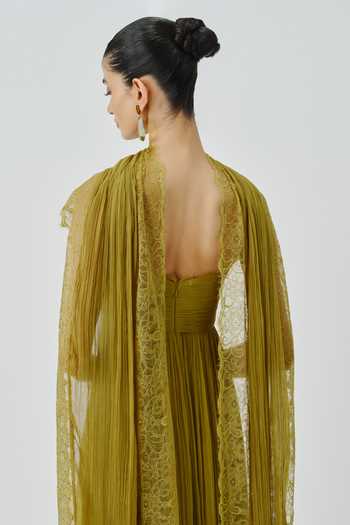 Buy_Aroka_Green Satin, Chiffon, Modal Lace Sweetheart Chartreuse Ruched Dress With Scarf _Online_at_Aza_Fashions
