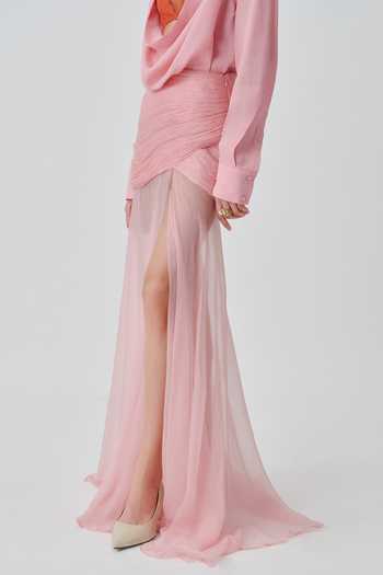 Aroka_Pink Chiffon Rosaria Ruched Skirt _Online_at_Aza_Fashions