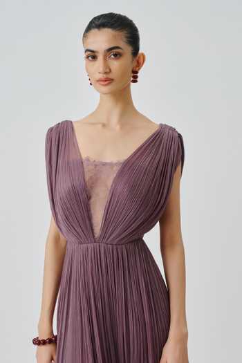 Aroka_Purple Satin, Chiffon, Modal V-, Plunge Bellflower Ruched Dress _Online_at_Aza_Fashions