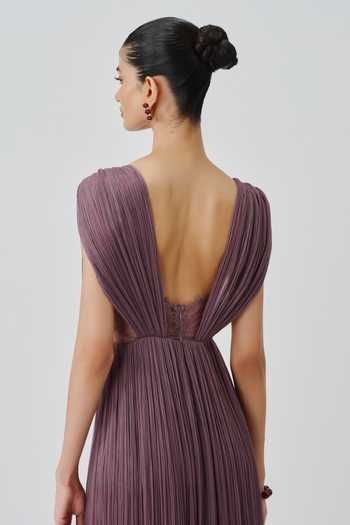 Buy_Aroka_Purple Satin, Chiffon, Modal V-, Plunge Bellflower Ruched Dress _Online_at_Aza_Fashions