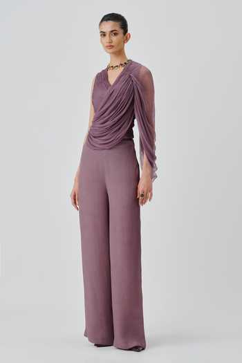 Aroka_Purple Crepe, Chiffon V-neck, One Shoulder Mauve Ruched Top _Online_at_Aza_Fashions