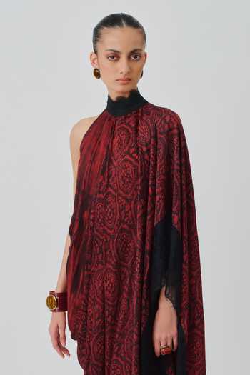 Aroka_Black Satin, Modal Halter , High Anaya Layered Printed Dress _Online_at_Aza_Fashions