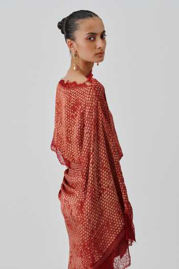 Aroka_Orange Satin, Modal Boat Neck Mehr Hand Block Print Dress _Online_at_Aza_Fashions