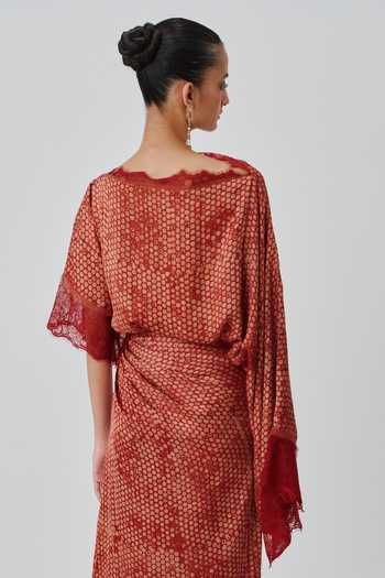Buy_Aroka_Orange Satin, Modal Boat Neck Mehr Hand Block Print Dress _Online_at_Aza_Fashions