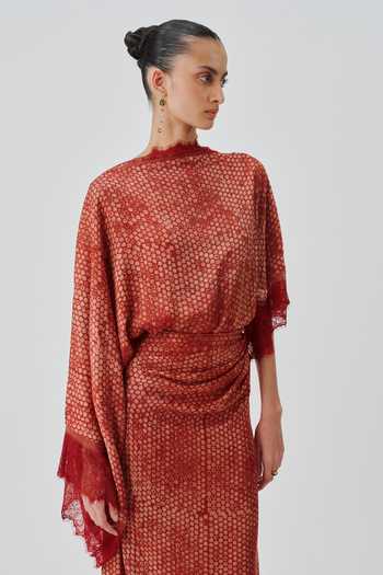 Shop_Aroka_Orange Satin, Modal Boat Neck Mehr Hand Block Print Dress _Online_at_Aza_Fashions