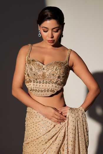 Shop_Libas Cafe by Nidhi & Ashish_Gold Georgette Sweetheart Neck Chandni Embroidered Saree With Blouse _Online_at_Aza_Fashions
