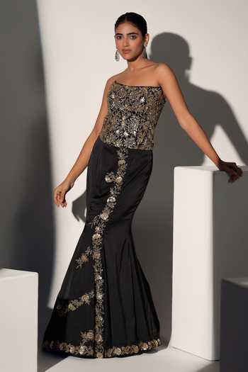 Buy_Libas Cafe by Nidhi & Ashish_Black Satin Embroidery, Sequins, Zari Work Pheobe Corset And Mermaid Skirt Set _Online_at_Aza_Fashions