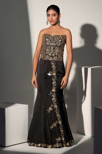 Shop_Libas Cafe by Nidhi & Ashish_Black Satin Embroidery, Sequins, Zari Work Pheobe Corset And Mermaid Skirt Set _Online_at_Aza_Fashions