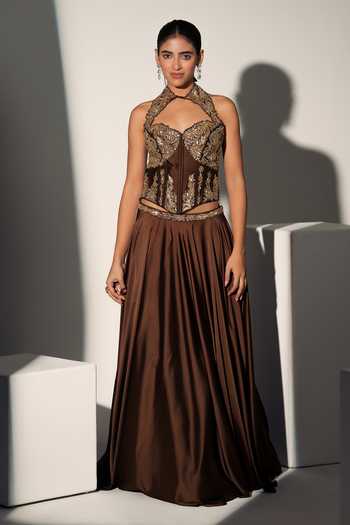 Libas Cafe by Nidhi & Ashish_Brown Satin Sequins, Zari Halter Neck Hermione Embroidered Corset And Skirt Set _Online_at_Aza_Fashions