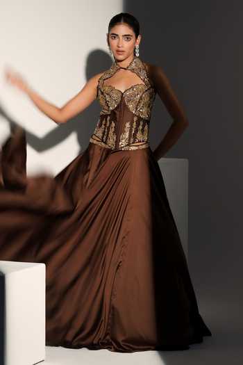 Buy_Libas Cafe by Nidhi & Ashish_Brown Satin Sequins, Zari Halter Neck Hermione Embroidered Corset And Skirt Set _Online_at_Aza_Fashions